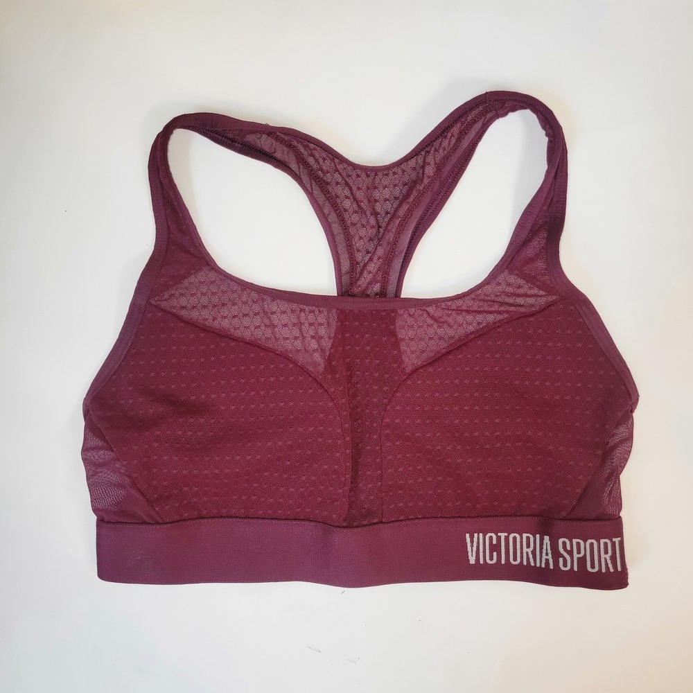 Victoria Sport Womens Racerback Mesh Sports Bra Burgundy Wine Logo Band Small